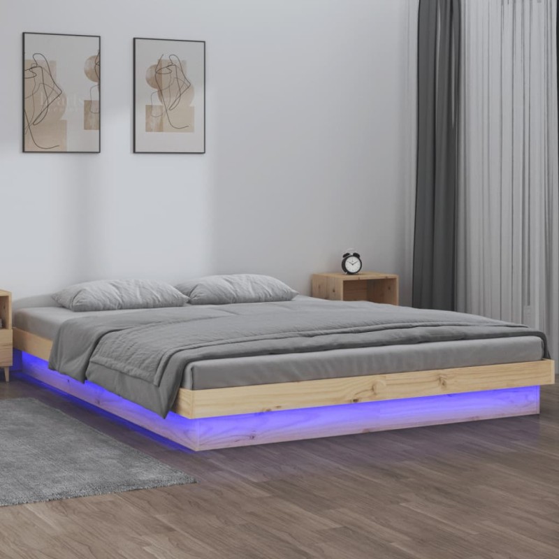 vidaXL Estructura de cama con LED madera maciza gris 135x190 cm vidaXL Estructura de cama con LED madera maciza gris 135x190 cm