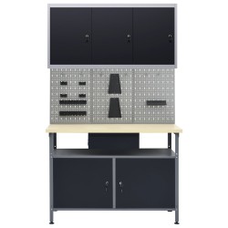 vidaXL Banco de trabajo con tres paneles de pared y un armario