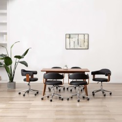 vidaXL Sillas de comedor giratorias 6 uds madera curvada y cuero negro