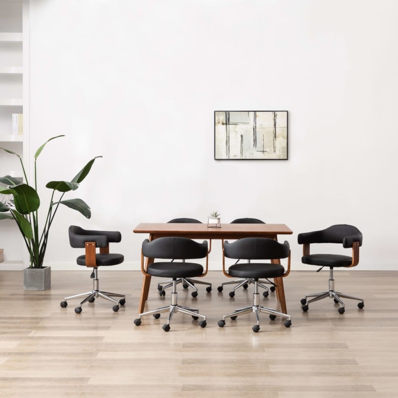vidaXL Sillas de comedor giratorias 6 uds madera curvada y cuero negro