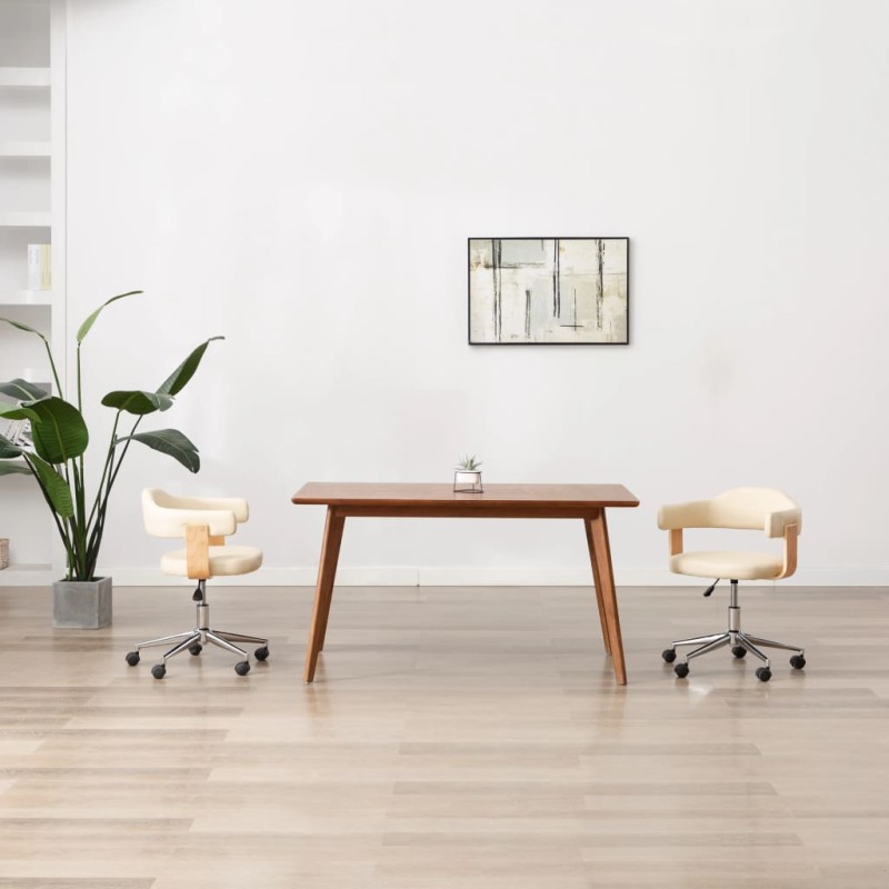 vidaXL Silla de oficina giratoria madera curvada cuero sintético crema vidaXL Silla de oficina giratoria madera curvada cuero sintético crema