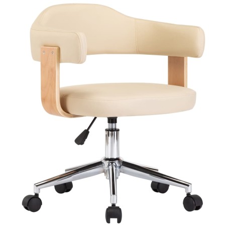 vidaXL Silla de oficina giratoria madera curvada cuero sintético crema