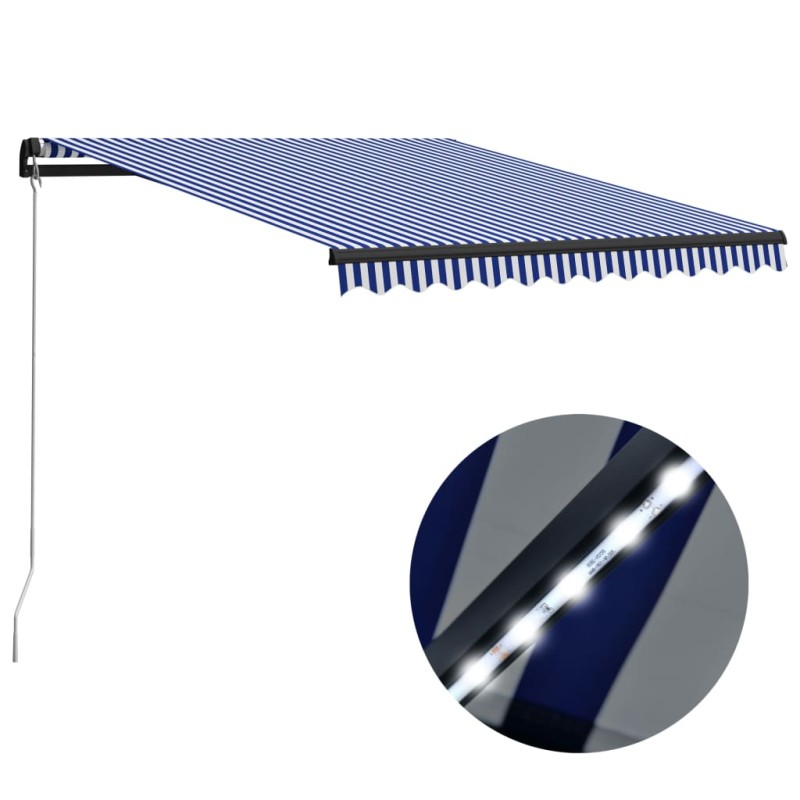 vidaXL Toldo retráctil manual con LED azul y blanco 300x250 cm vidaXL Toldo retráctil manual con LED azul y blanco 300x250 cm