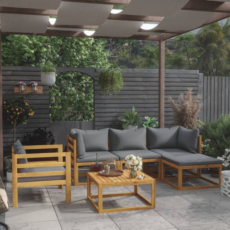 vidaXL Muebles de jardín 6 pzas cojines madera maciza de acacia vidaXL Muebles de jardín 6 pzas cojines madera maciza de acacia
