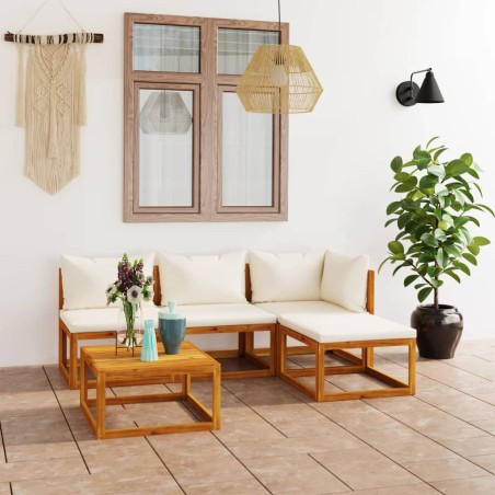 vidaXL Muebles de jardín 5 pzas cojines crema madera maciza de acacia 