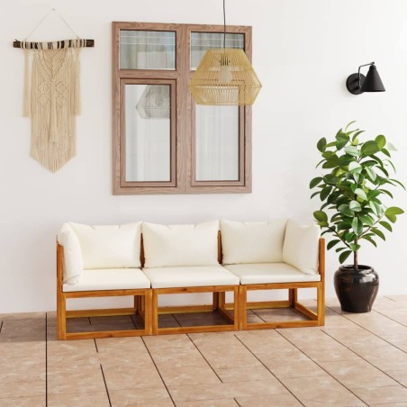 vidaXL Sofá jardín 3 plazas con cojín madera maciza acacia color crema