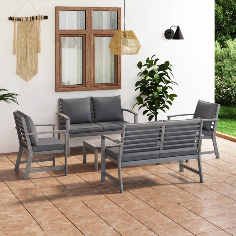 vidaXL Muebles de jardín 5 pzas cojines gris madera maciza de acacia vidaXL Muebles de jardín 5 pzas cojines gris madera maciza de acacia