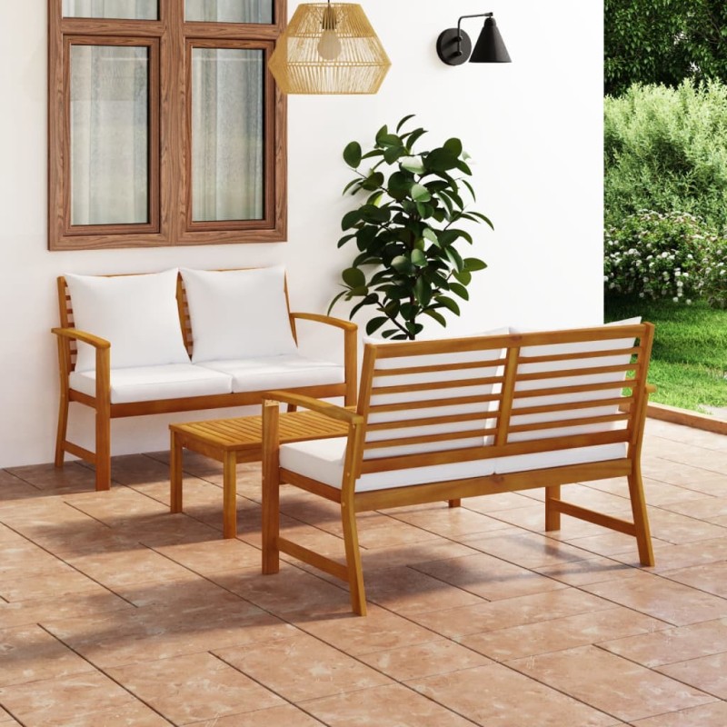 vidaXL Muebles de jardín 3 pzas cojines madera maciza de acacia vidaXL Muebles de jardín 3 pzas cojines madera maciza de acacia