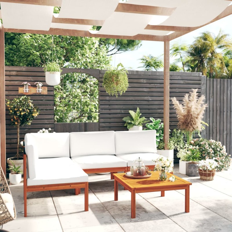 vidaXL Muebles de jardín 5 pzas cojines crema madera maciza de acacia vidaXL Muebles de jardín 5 pzas cojines crema madera maciza de acacia