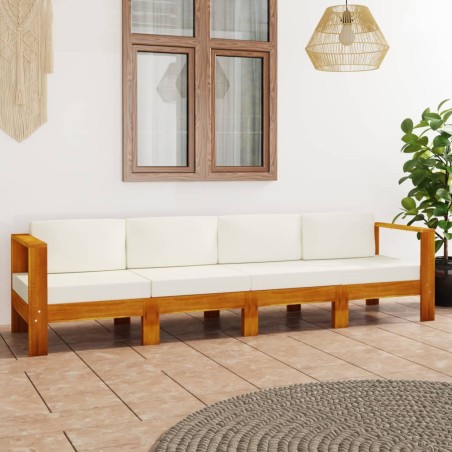 vidaXL Sofá de jardín de 4 plazas con cojín crema madera maciza acacia
