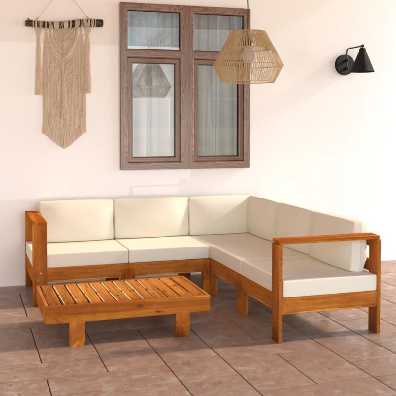 vidaXL Muebles de jardín 6 pzas cojines blanco crema madera de acacia vidaXL Muebles de jardín 6 pzas cojines blanco crema madera de acacia
