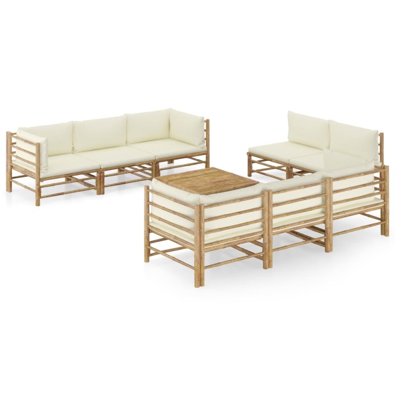 vidaXL Set de muebles de jardín 9 piezas bambú y cojines blanco crema vidaXL Set de muebles de jardín 9 piezas bambú y cojines blanco crema