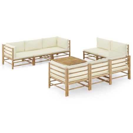 vidaXL Set de muebles de jardín 9 piezas bambú y cojines blanco crema