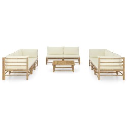 vidaXL Set de muebles de jardín 9 piezas bambú y cojines blanco crema