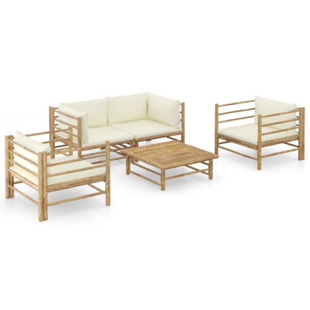 vidaXL Set de muebles de jardín 5 piezas bambú y cojines blanco crema
