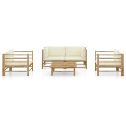 vidaXL Set de muebles de jardín 5 piezas bambú y cojines blanco crema
