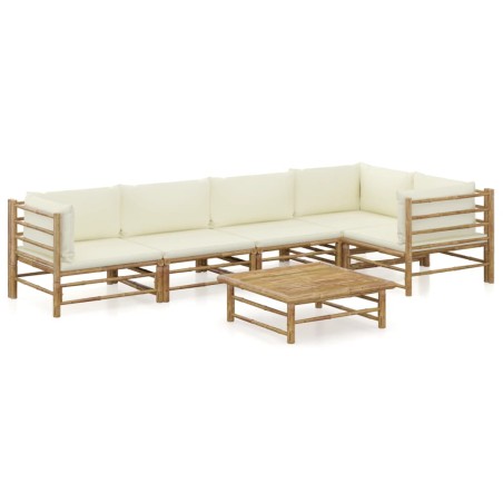 vidaXL Set de muebles de jardín 6 piezas bambú y cojines blanco crema