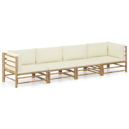 vidaXL Set de muebles de jardín 4 piezas bambú y cojines blanco crema