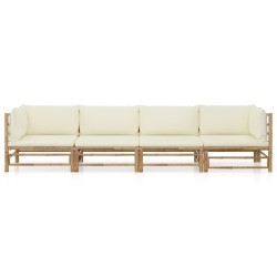 vidaXL Set de muebles de jardín 4 piezas bambú y cojines blanco crema