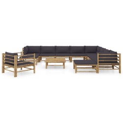 vidaXL Set de muebles de jardín 12 pzas bambú con cojines gris oscuro