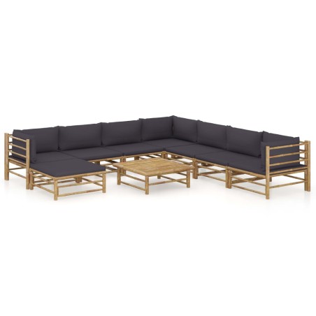 vidaXL Set de muebles de jardín 9 piezas bambú con cojines gris oscuro