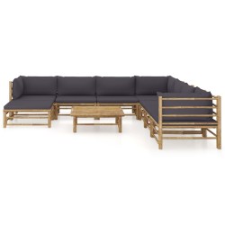 vidaXL Set de muebles de jardín 9 piezas bambú con cojines gris oscuro
