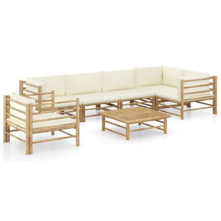 vidaXL Set de muebles de jardín 7 piezas bambú y cojines blanco crema