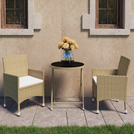 vidaXL Set de bistró de jardín 3 pzas ratán PE vidrio templado beige