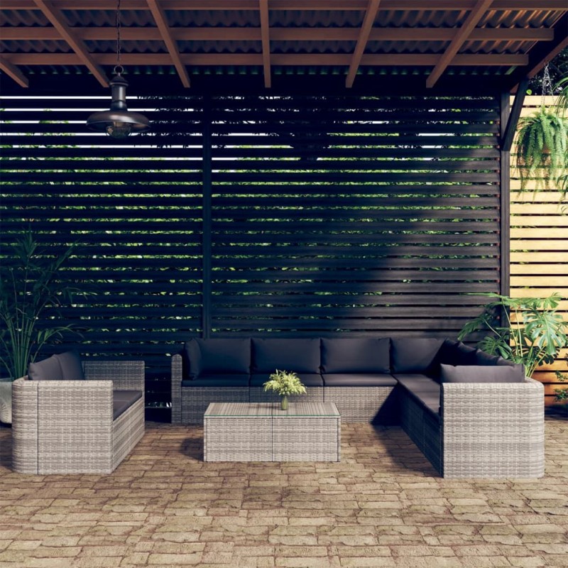 vidaXL Set de muebles de jardín 10 pzas y cojines ratán sintético gris vidaXL Set de muebles de jardín 10 pzas y cojines ratán sintético gris