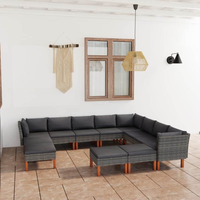 vidaXL Set de muebles de jardín 12 pzas y cojines ratán sintético gris