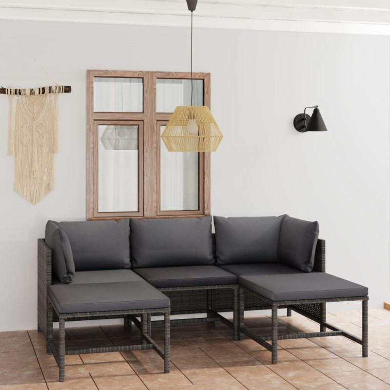 vidaXL Set de muebles de jardín 5 pzas y cojines ratán sintético gris vidaXL Set de muebles de jardín 5 pzas y cojines ratán sintético gris