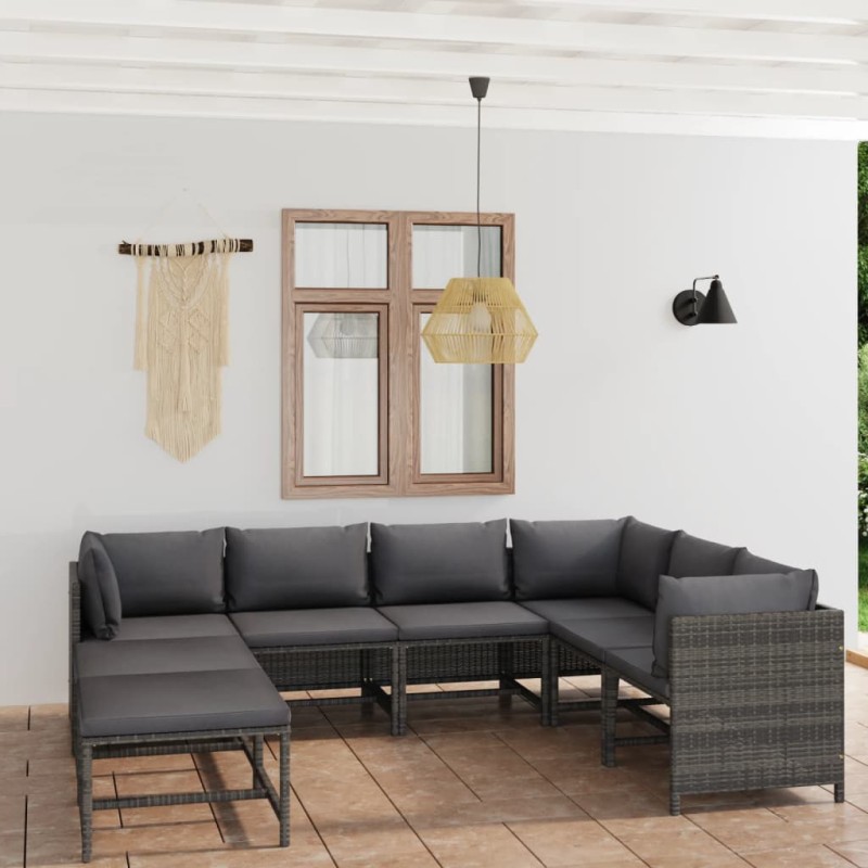 vidaXL Set de muebles de jardín 8 pzas y cojines ratán sintético gris vidaXL Set de muebles de jardín 8 pzas y cojines ratán sintético gris