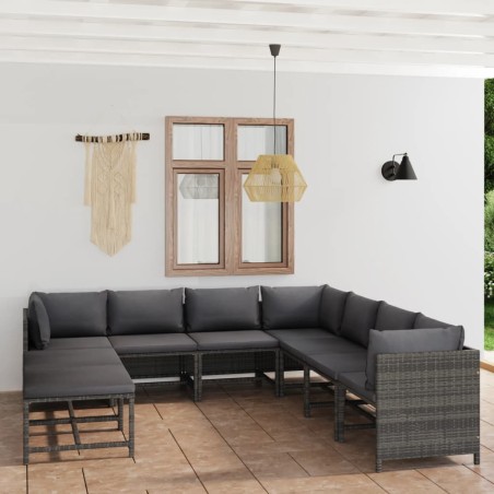 vidaXL Set de muebles de jardín 9 pzas y cojines ratán sintético gris