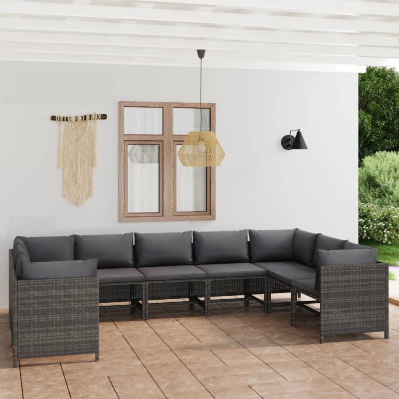 vidaXL Set de muebles de jardín 9 pzas y cojines ratán sintético gris vidaXL Set de muebles de jardín 9 pzas y cojines ratán sintético gris
