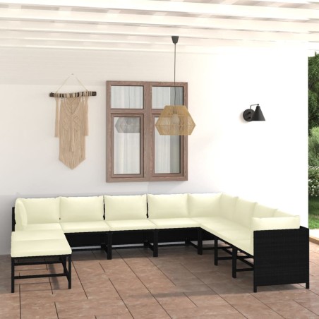 vidaXL Set de muebles de jardín 11 pzas cojines ratán sintético negro
