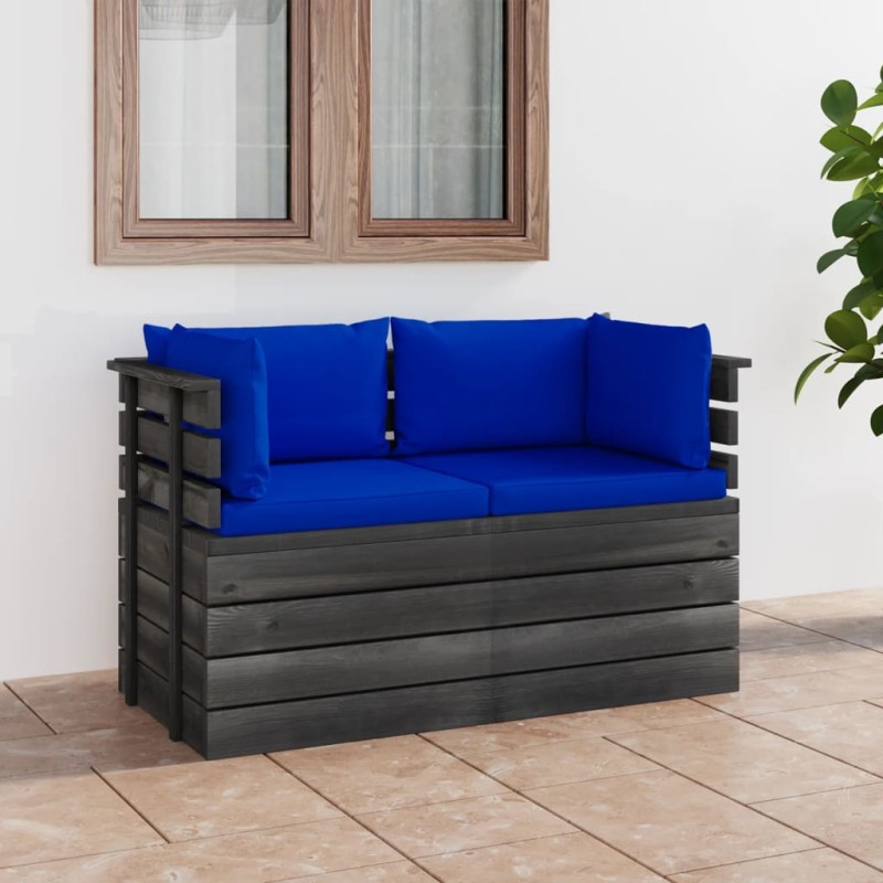 vidaXL Sofá de palets de jardín 2 plazas y cojines madera maciza pino vidaXL Sofá de palets de jardín 2 plazas y cojines madera maciza pino