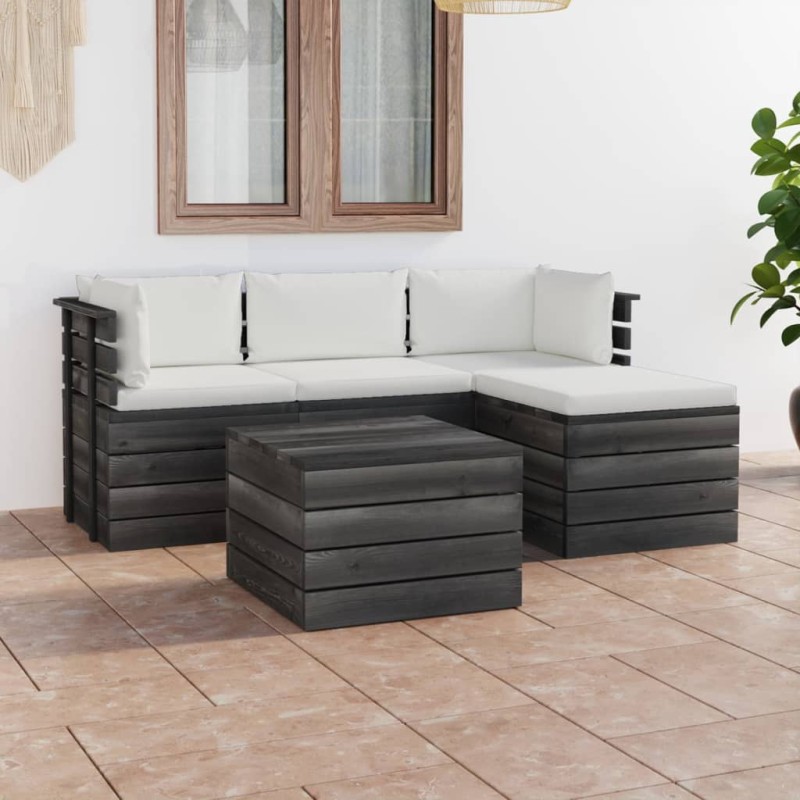 vidaXL Muebles de palés de jardín 5 piezas cojines madera maciza pino vidaXL Muebles de palés de jardín 5 piezas cojines madera maciza pino