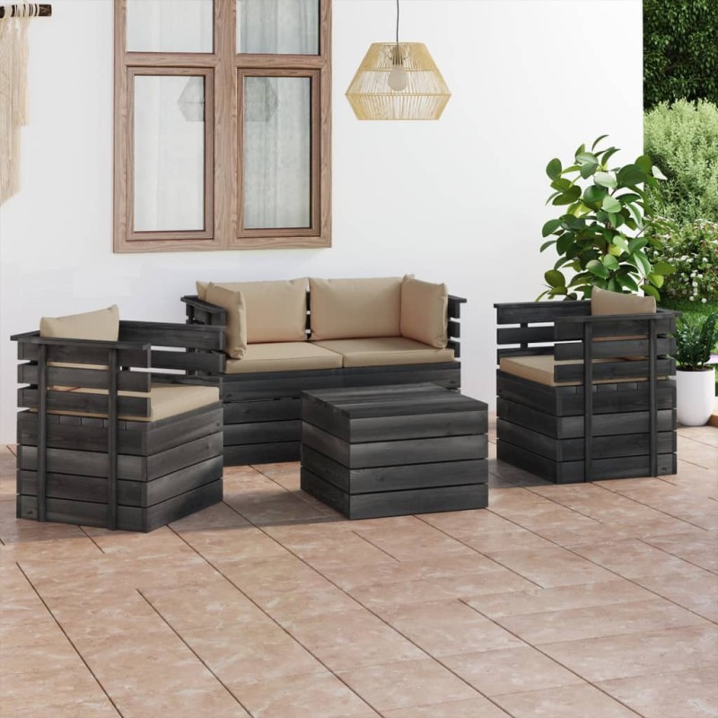 vidaXL Muebles de palés para jardín 5 piezas cojines madera maciza pino vidaXL Muebles de palés para jardín 5 piezas cojines madera maciza pino