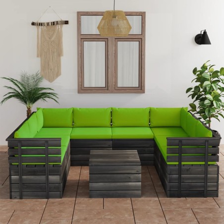 vidaXL Muebles de palets para jardín 9 pzas cojines madera maciza pino