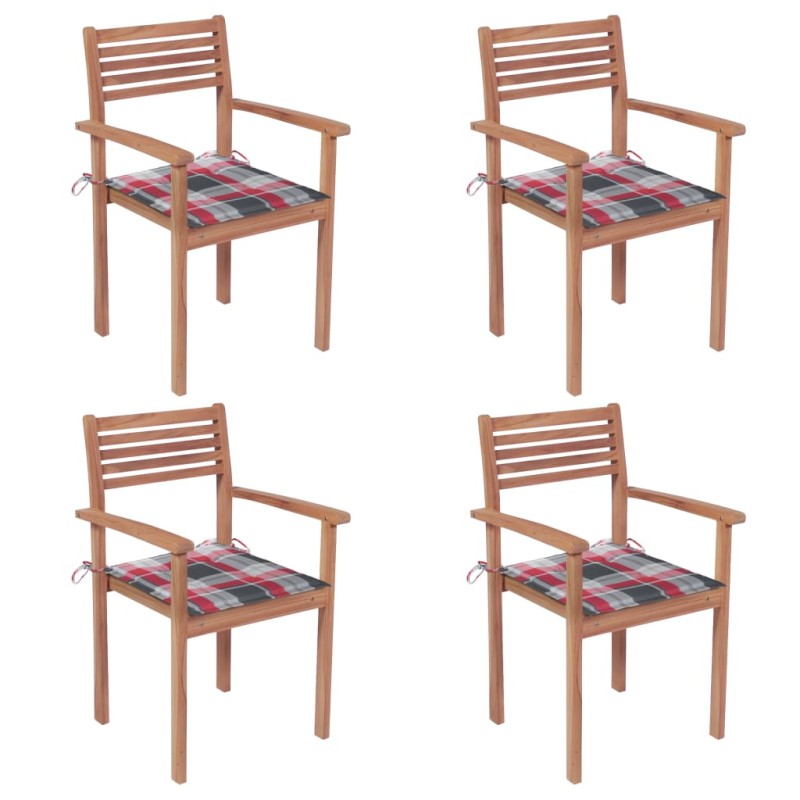 vidaXL Sillas de jardín 4 uds madera maciza teca cojines cuadros rojos