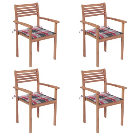 vidaXL Sillas de jardín 4 uds madera maciza teca cojines cuadros rojos