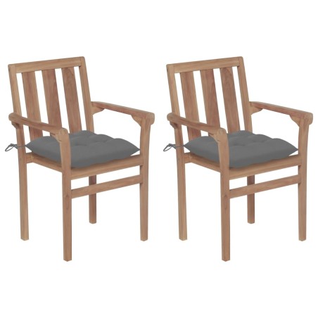 vidaXL Sillas de jardín 2 unidades madera de teca con cojines gris