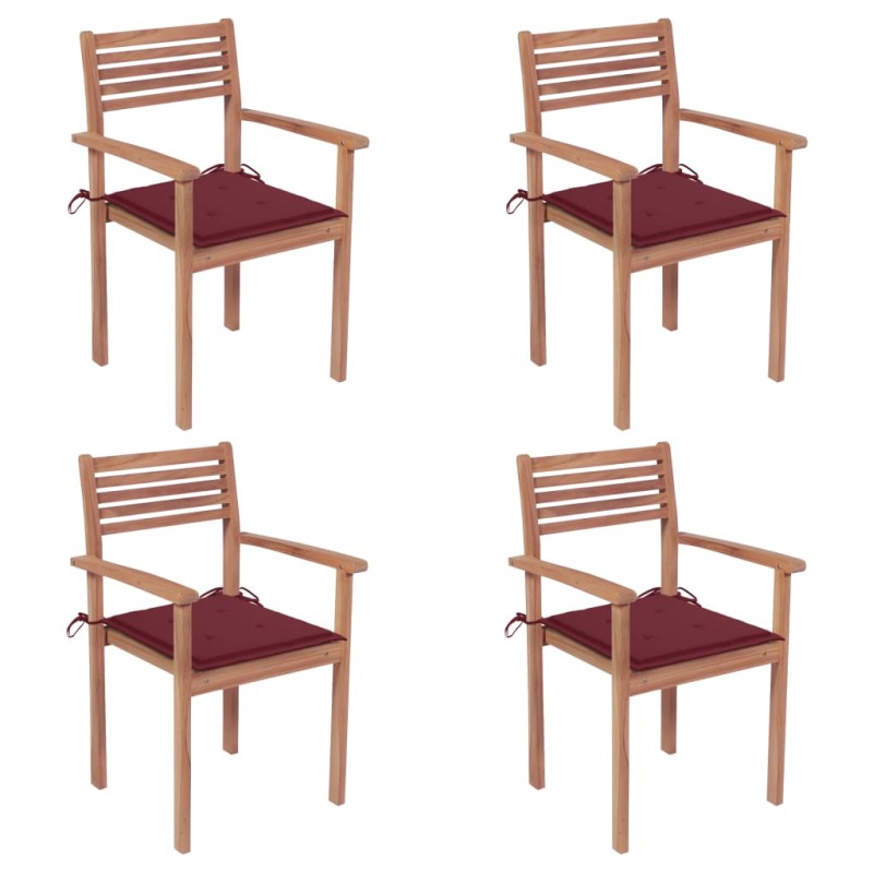 vidaXL Sillas de jardín 4 uds madera de teca con cojines rojo tinto vidaXL Sillas de jardín 4 uds madera de teca con cojines rojo tinto