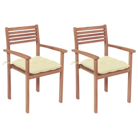 vidaXL Sillas de jardín 2 uds madera de teca con cojines blanco crema