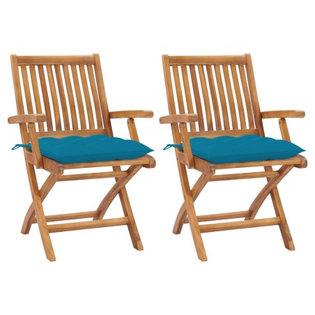 vidaXL Sillas de jardín 2 uds madera de teca con cojines azul claro