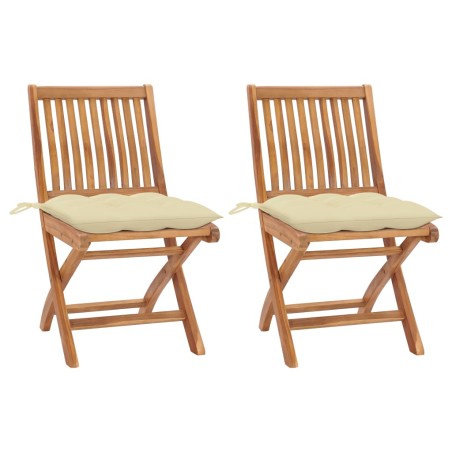 vidaXL Sillas de jardín 2 uds madera de teca con cojines blanco crema
