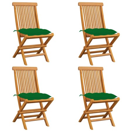 vidaXL Sillas de jardín 4 uds madera maciza de teca con cojines verdes