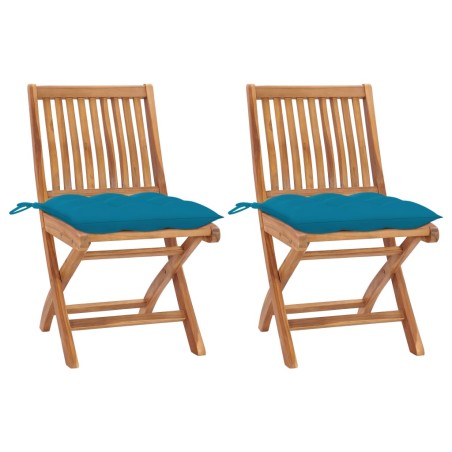 vidaXL Sillas de jardín 2 uds madera de teca con cojines azul claro