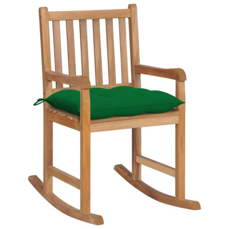 vidaXL Silla mecedora de madera maciza de teca con cojín verde
