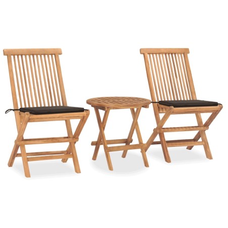 vidaXL Set comedor de jardín plegable 3 piezas madera de teca cojines